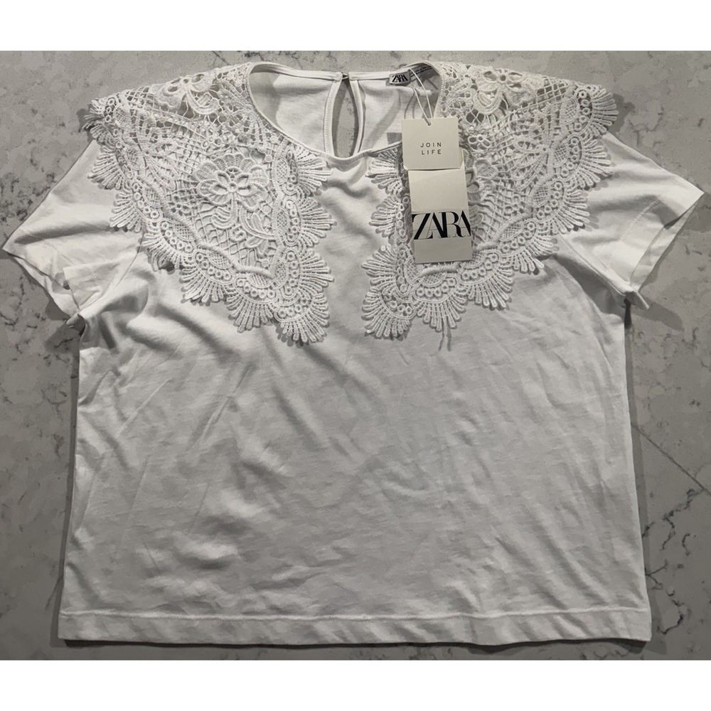 NWT Zara Lace Trim Top Womens Large White Short Sleeve Floral Embroidered Cotton